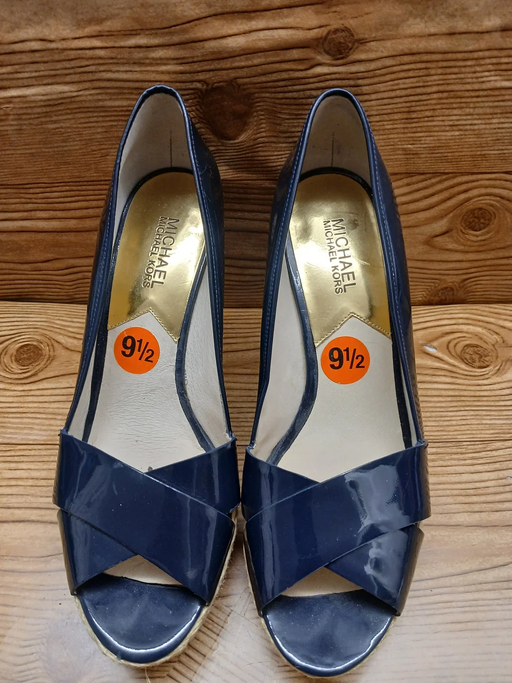 Michael Kors Navy Patent Wedge Peep-Toe Espadrille